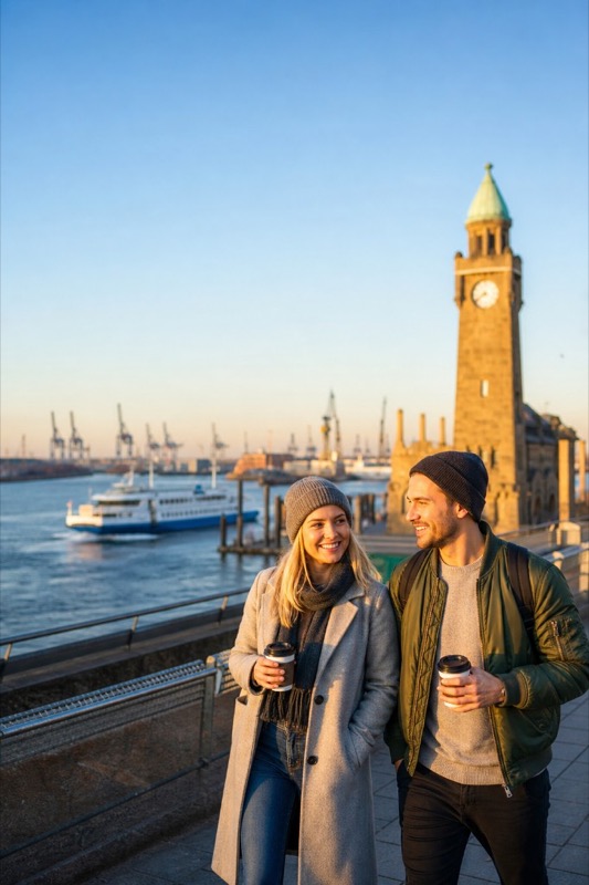 Hamburg Social Post, nur Foto: Paar am Landungsbrücken-Pegelturm ohne Overlay